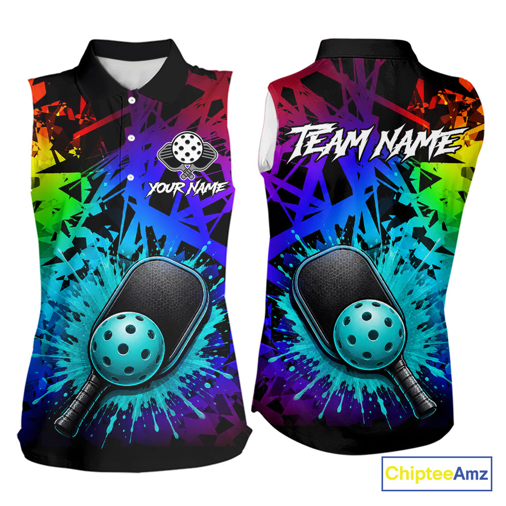 Teal splatter pickleball ball and paddles sleeveless polo for women colorful pickleball clothing