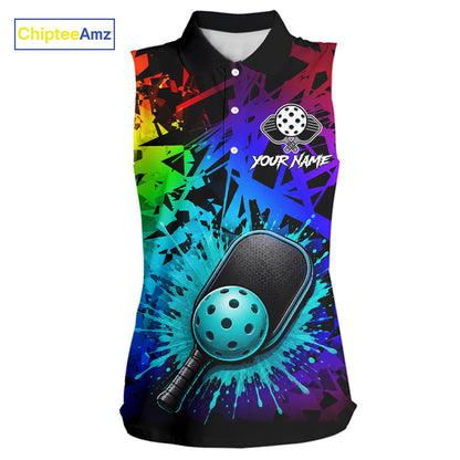 Teal splatter pickleball ball and paddles sleeveless polo for women colorful pickleball clothing