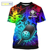 Load image into Gallery viewer, Teal splatter pickleball ball and paddles tshirt for men colorful pickleball clothing