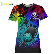 Load image into Gallery viewer, Teal splatter pickleball ball and paddles tshirt for women colorful pickleball clothing