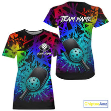 Load image into Gallery viewer, Teal splatter pickleball ball and paddles tshirt for women colorful pickleball clothing