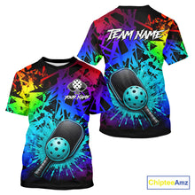 Load image into Gallery viewer, Teal splatter pickleball ball and paddles tshirt for men colorful pickleball clothing