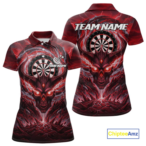 Lightning Red & Grey Dragon Skull Dartboard Custom Women Darts Polo Shirt, Dart Jerseys NYN1807