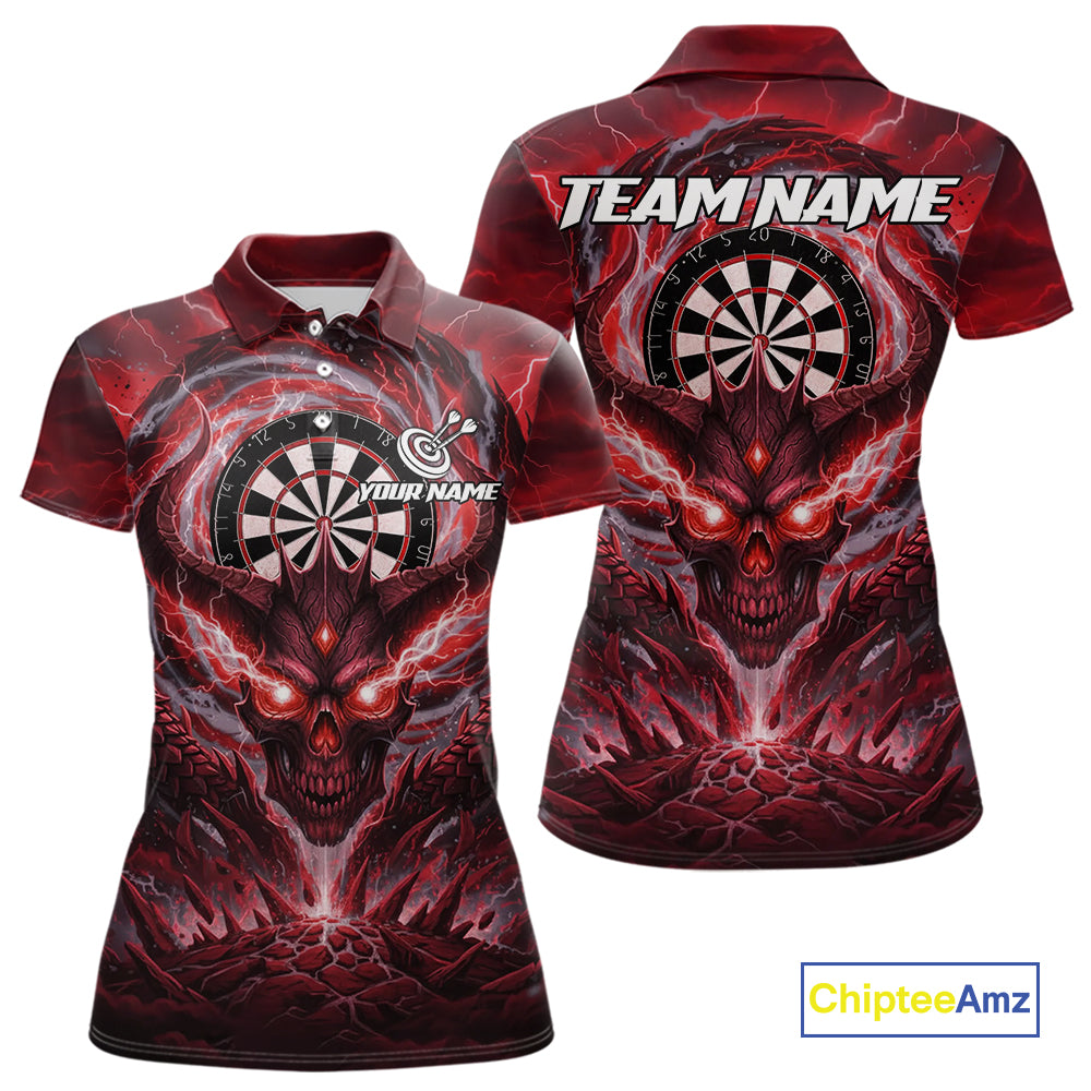 Lightning Red & Grey Dragon Skull Dartboard Custom Women Darts Polo Shirt, Dart Jerseys NYN1807