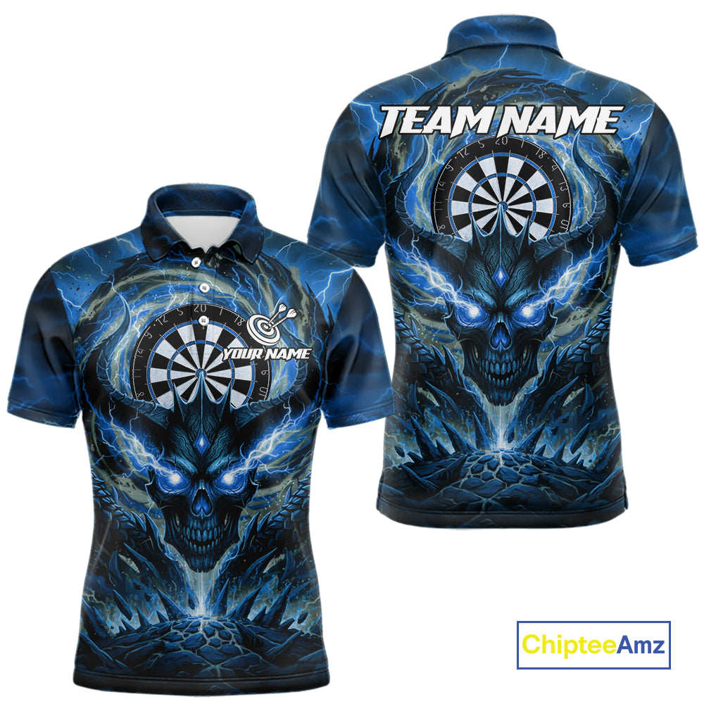 Lightning Blue & Grey Dragon Skull Dartboard Custom Men Darts Polo Shirt, Dart Jerseys NYN1808
