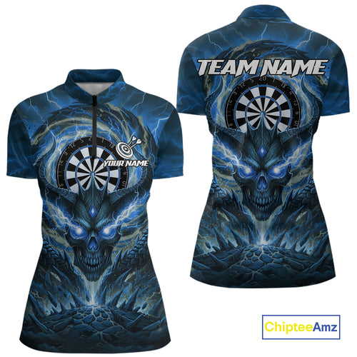 Lightning Blue & Grey Dragon Skull Dartboard Custom Women Darts Quarter-Zip Shirt, Dart Jerseys NYN1808