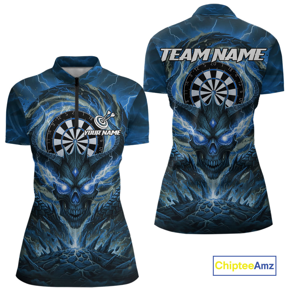 Lightning Blue & Grey Dragon Skull Dartboard Custom Women Darts Quarter-Zip Shirt, Dart Jerseys NYN1808