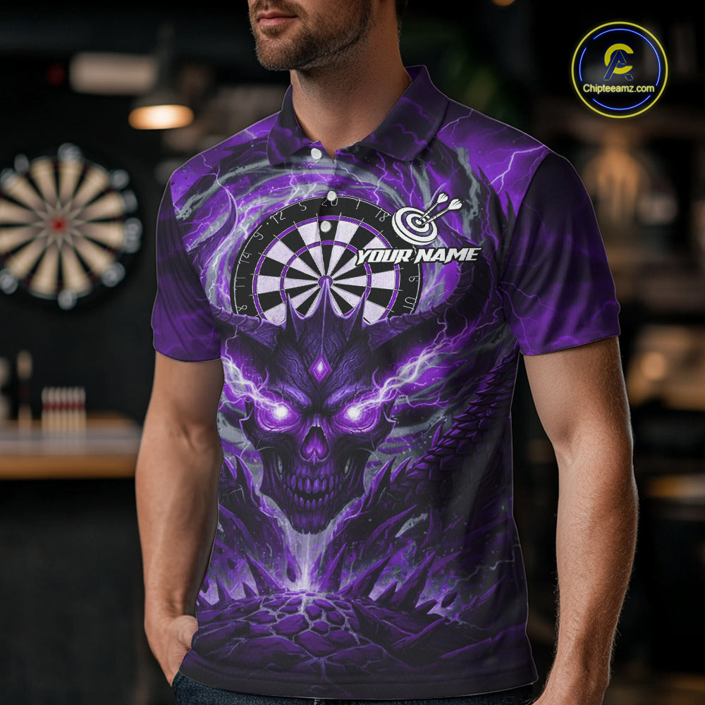 Lightning Purple & Grey Dragon Skull Dartboard Custom Men Darts Polo Shirt, Dart Jerseys NYN1809