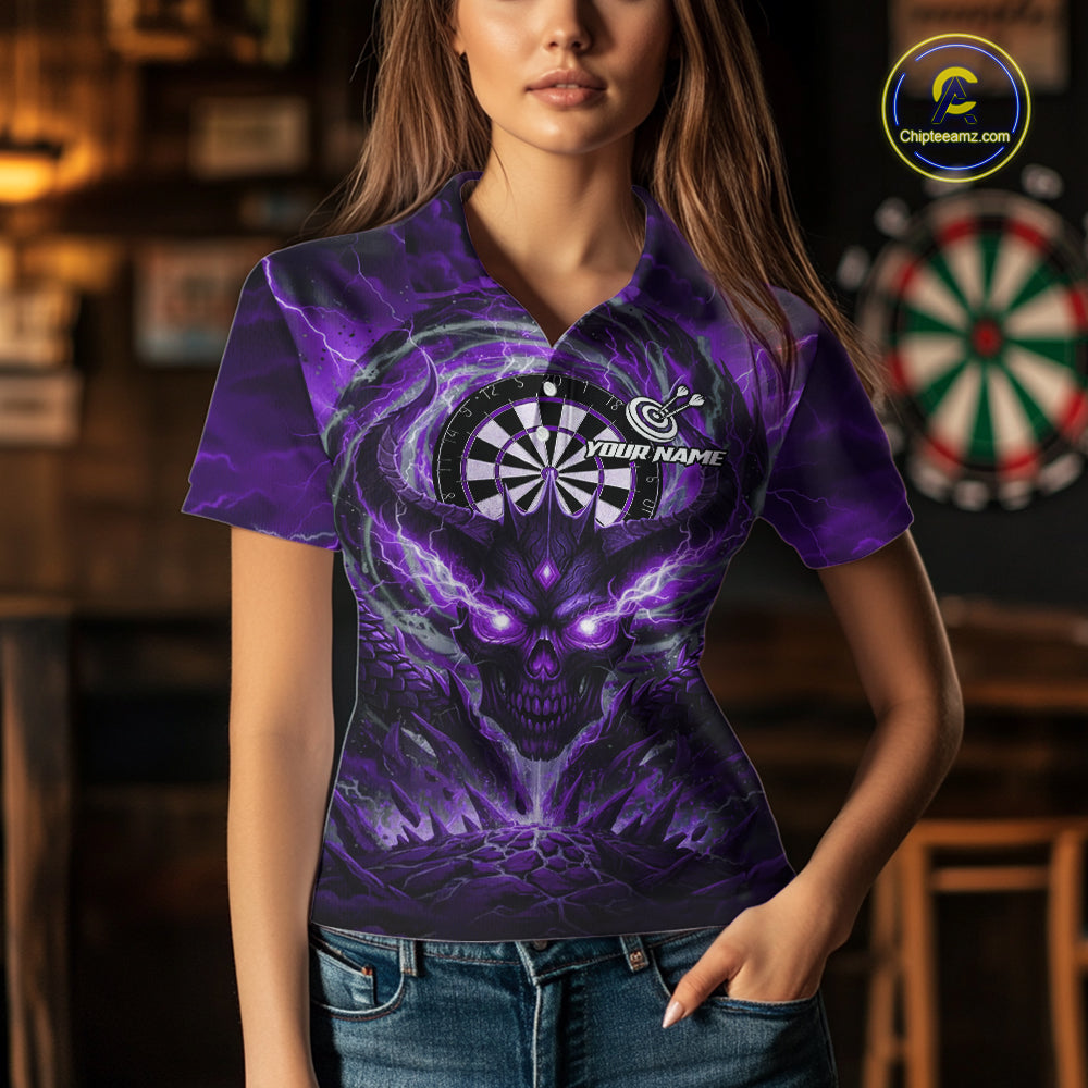 Lightning Purple & Grey Dragon Skull Dartboard Custom Women Darts Polo Shirt, Dart Jerseys NYN1809