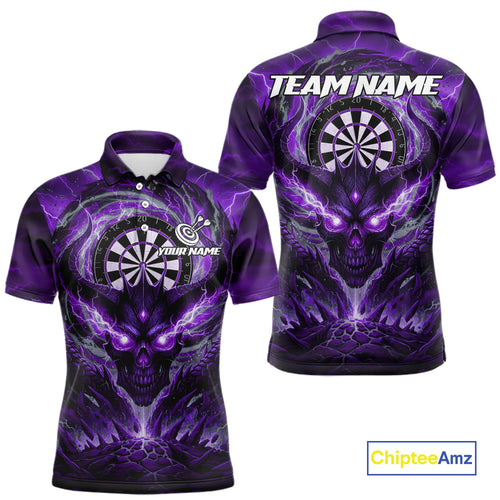 Lightning Purple & Grey Dragon Skull Dartboard Custom Men Darts Polo Shirt, Dart Jerseys NYN1809