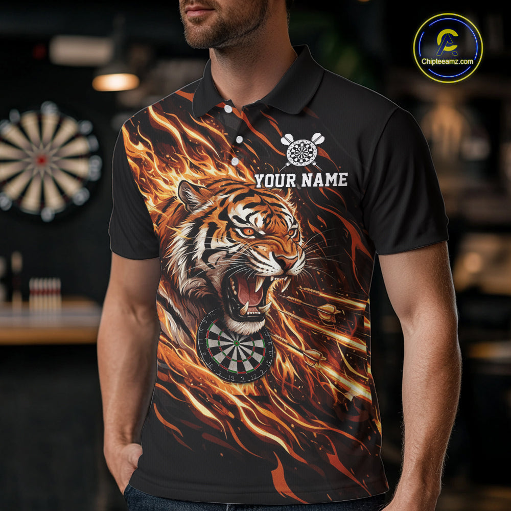 Orange Flaming Tiger Funny Darts Custom Men's Dart Polo Shirts Team Dart League Jerseys NYN2076