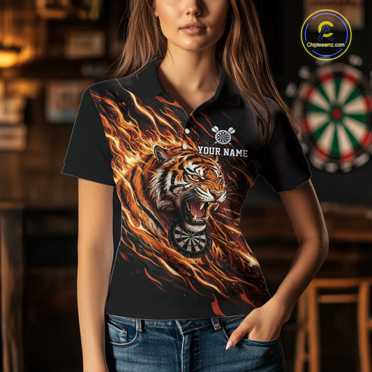 Orange Flaming Tiger Funny Darts Custom Women's Dart Polo Shirts Team Dart League Jerseys NYN2076