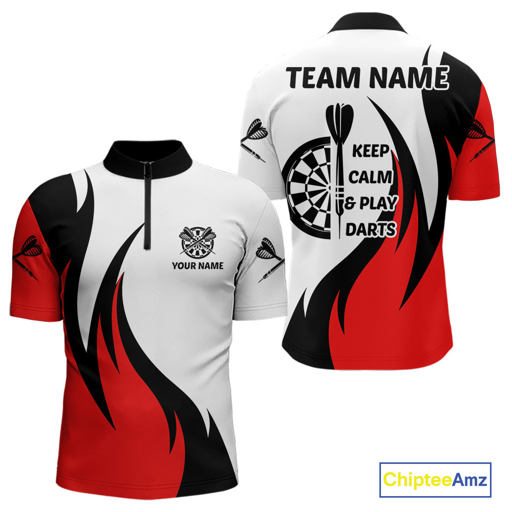 Keep Calm & Play Darts Custom Black-Red Dartboard Dart Shirts For Men Dart Team Jerseys NYN0061