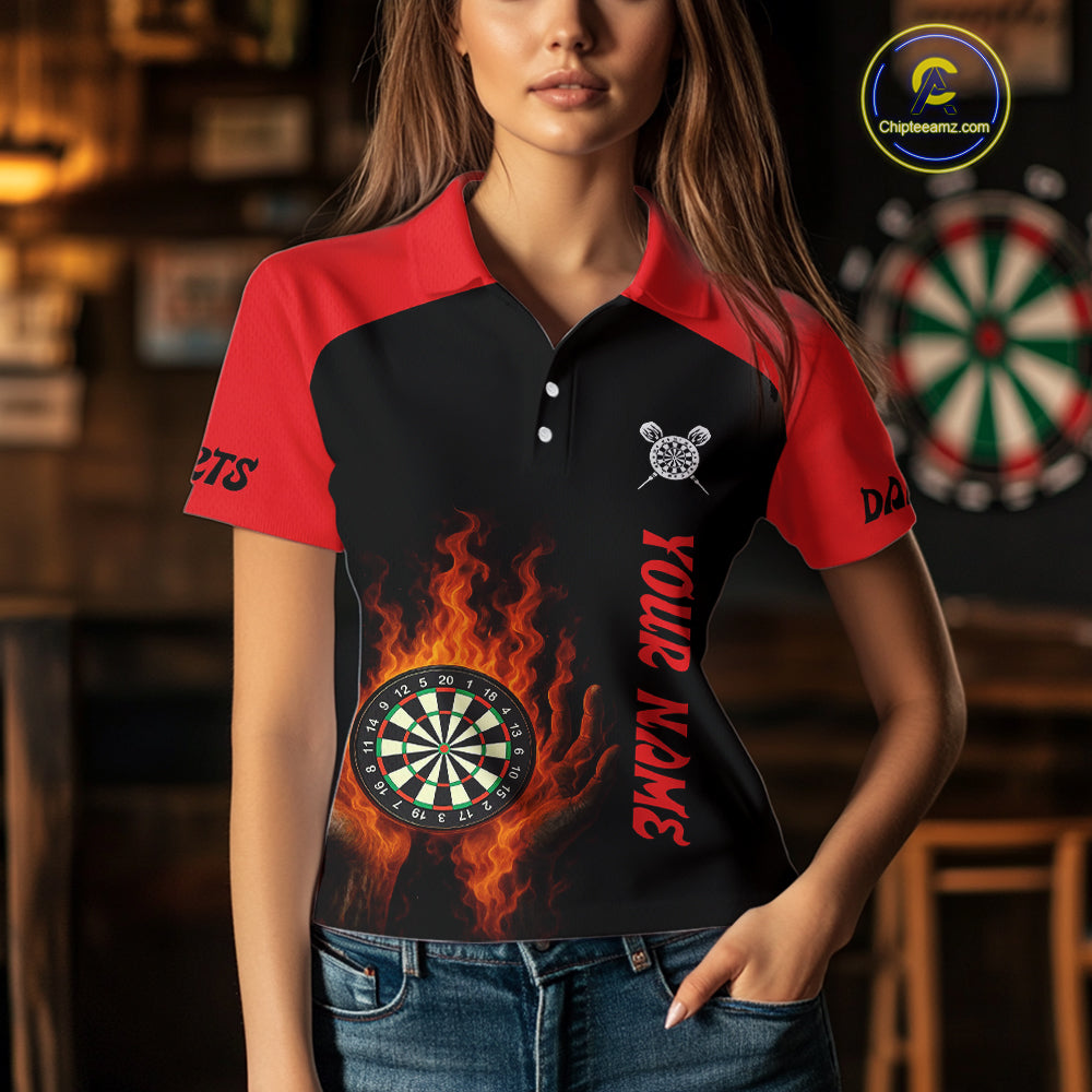Women's Flaming Darts Shirt - Custom Name & Team Fire Dartboard Shirt For Players NYN0408
