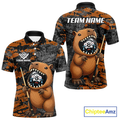 Custom Black Brown Capybara Men's Billiard Polo Shirt, Funny Capybara Pool League Jersey