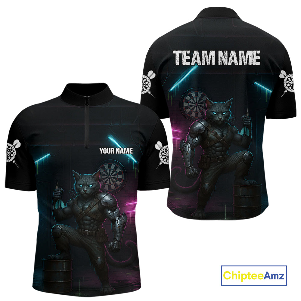 Funny Horror Cat Plays Dart Arrow Custom Darts Quarter-Zip Shirt For Men, Dart Team Jerseys NYN1824