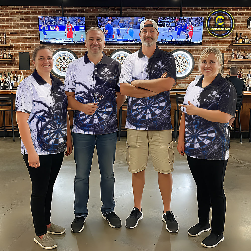 Personalized Black & Blue Dripping Spider Men Dart Polo Shirts Custom Dart League Jerseys NYN2097