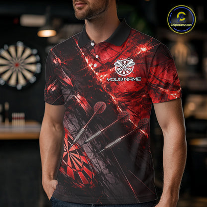 Personalized Black & Red Grunge Dartboard & Arrow Men Darts Polo Shirt Custom Dart Team Jersey NYN2618