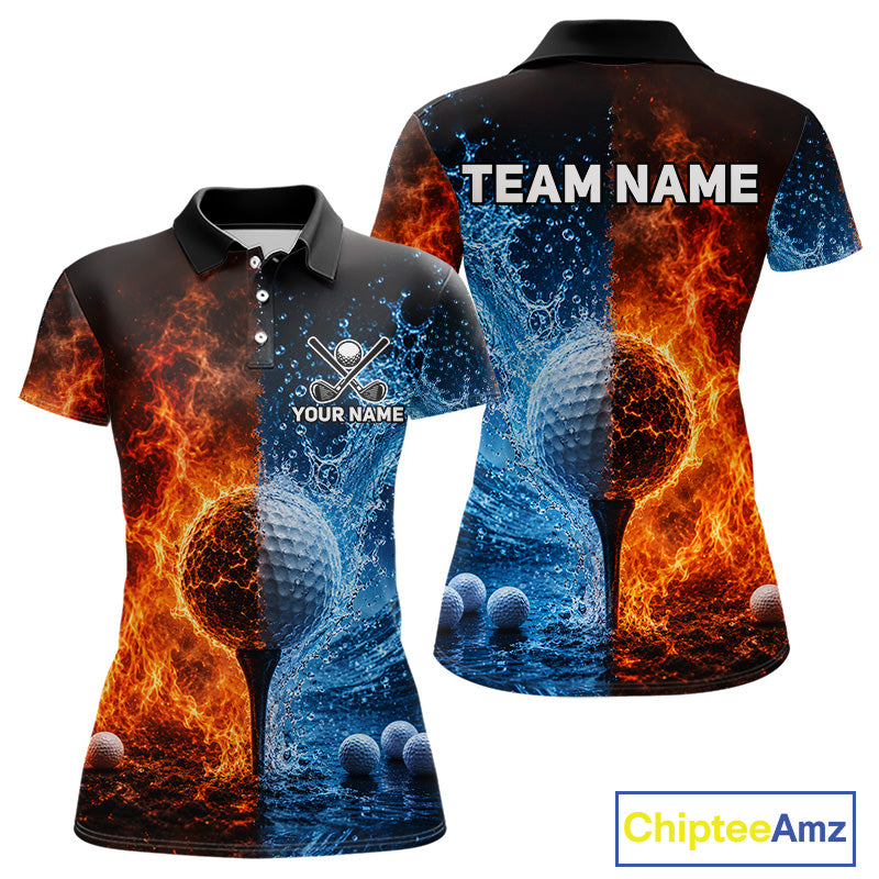 Blue water red flames womens golf polo shirt golf team outfit