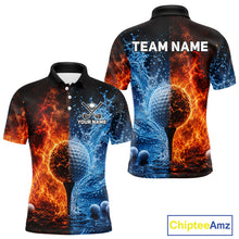 Load image into Gallery viewer, Blue water red flames mens golf polo shirt golf outfit