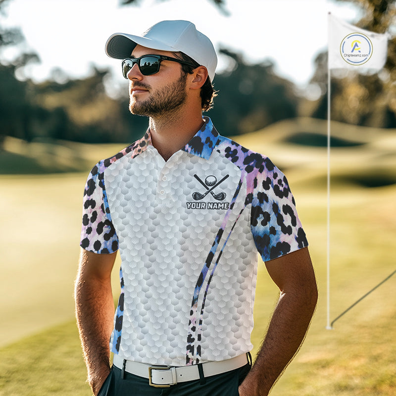 Mens Golf Polo Shirt Custom Neon Blue Leopard Pattern Golf Shirts ,Best Mens Golf Shirts NYN3391