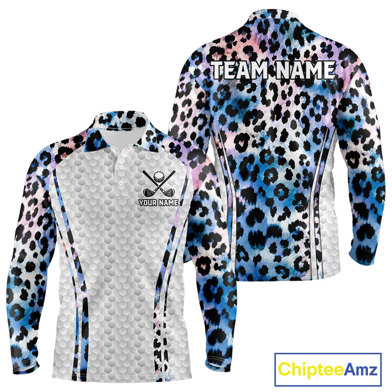 Neon blue leopard mens golf polo shirt custom golf apparel