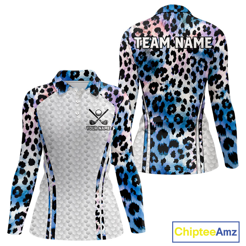 Neon blue leopard womens golf polo shirt custom golf apparel
