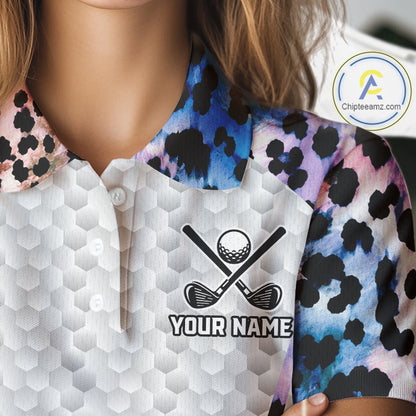 Womens Golf Polo Shirt Custom Neon Blue Leopard Pattern Golf Shirts ,Best Womens Golf Shirts NYN3391
