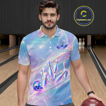 Load image into Gallery viewer, Male bowler wearing holographic galaxy bowling jersey during championship competition, premium bowling apparel for artistic athletes, bowling enthusiasts and tournament professionals, symbolizing originality, confidence and competitive success.