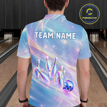 Load image into Gallery viewer, Male bowler wearing holographic galaxy bowling jersey during championship competition, premium bowling apparel for artistic athletes, bowling enthusiasts and tournament professionals, symbolizing originality, confidence and competitive success.