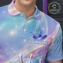 Load image into Gallery viewer, Male bowler wearing holographic galaxy bowling jersey during championship competition, premium bowling apparel for artistic athletes, bowling enthusiasts and tournament professionals, symbolizing originality, confidence and competitive success.