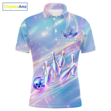 Load image into Gallery viewer, Men's bowling polo featuring holographic rainbow galaxy bowling ball and pins, personalized performance bowling apparel for galaxy art lovers, bowling leagues, tournaments and premium custom team uniforms, symbolizing imagination, innovation and limitless potential.