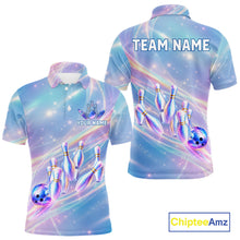 Load image into Gallery viewer, Men's bowling polo featuring holographic rainbow galaxy bowling ball and pins, personalized performance bowling apparel for galaxy art lovers, bowling leagues, tournaments and premium custom team uniforms, symbolizing imagination, innovation and limitless potential.