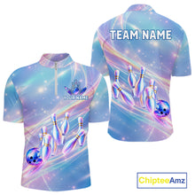 Load image into Gallery viewer, Men's quarter-zip bowling jersey featuring holographic rainbow galaxy artwork with bowling ball and pins, custom tournament apparel for league champions, bowling teams and futuristic sportswear enthusiasts, representing creativity, excellence and achievement.