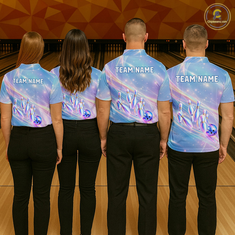 Holographic Bowling Ball & Pins Shirt For Women Custom Rainbow Galaxy Polo Quarter-Zip Bowling Jersey NYN3675