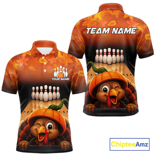 Personalized Funny Turkey Autumn Bowling Shirts For Men Thanksgiving Bowling Team Polo 1/4-Zip Shirt NYN3931