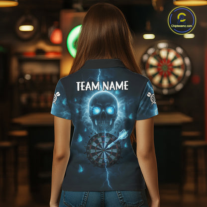 Custom Blue Skull Butterflies Lightning Dartboard Women Darts Polo Shirt, Dart Jerseys NYN1842