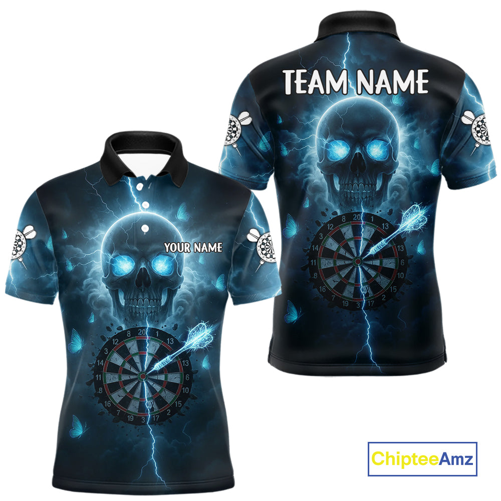 Custom Blue Skull Butterflies Lightning Dartboard Men Darts Polo Shirt, Dart Jerseys NYN1842