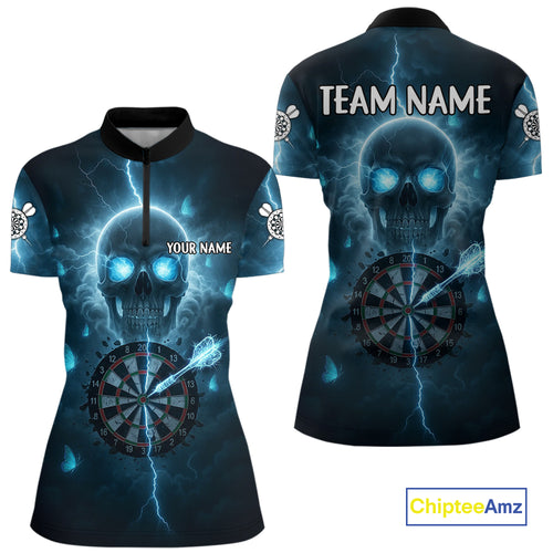 Custom Blue Skull Butterflies Lightning Dartboard Women Darts Quarter-Zip Shirt, Dart Jerseys NYN1842
