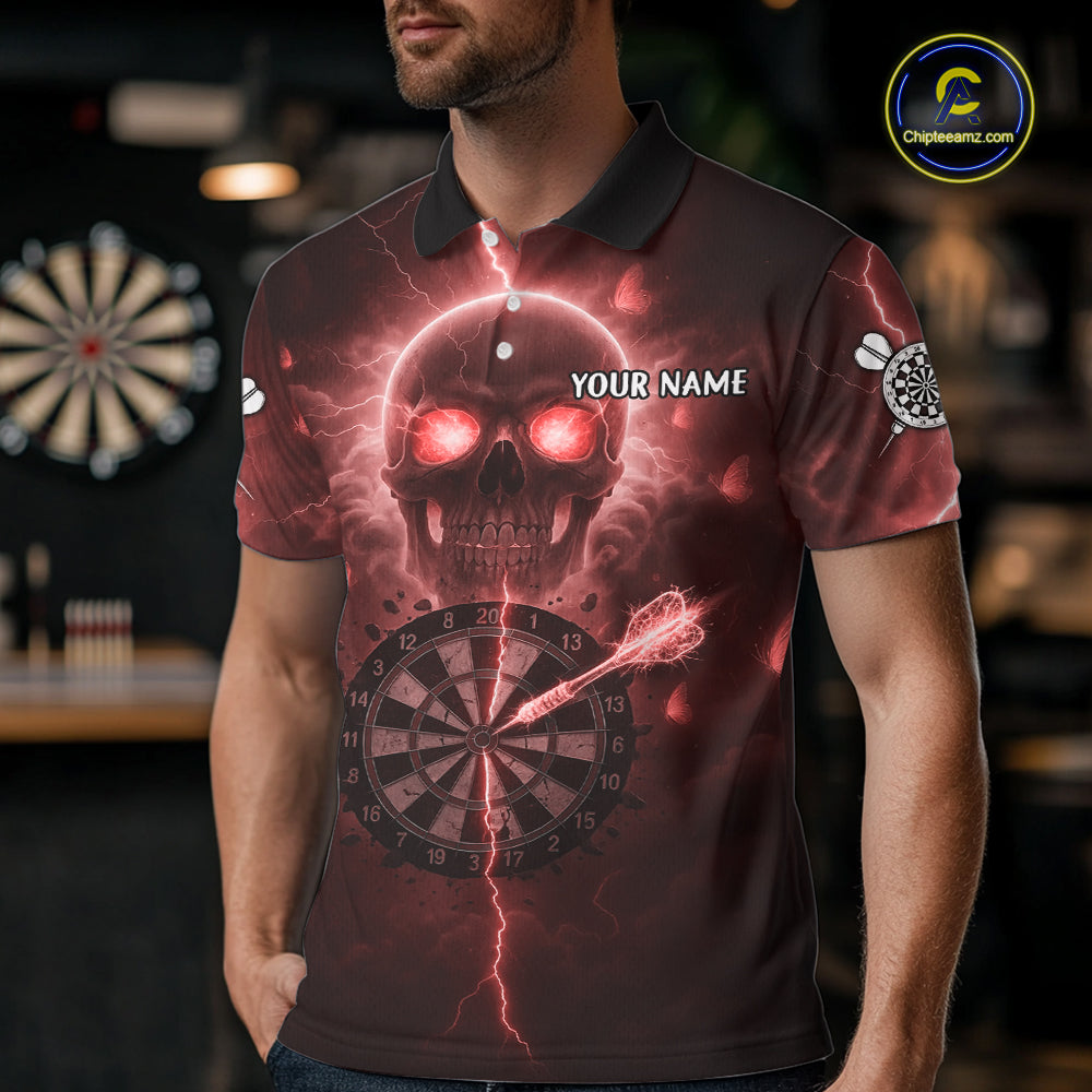 Custom Red Skull Butterflies Lightning Dartboard Men Darts Polo Shirt, Dart Jerseys NYN1843