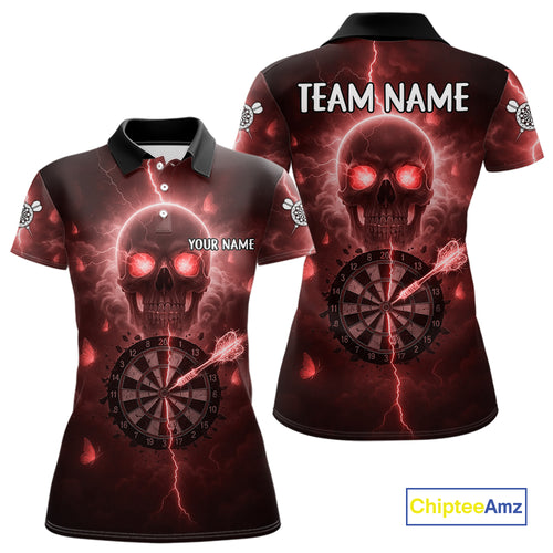 Custom Red Skull Butterflies Lightning Dartboard Women Darts Polo Shirt, Dart Jerseys NYN1843
