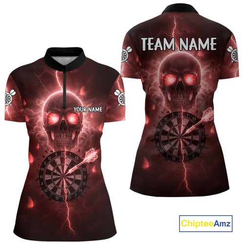 Custom Red Skull Butterflies Lightning Dartboard Women Darts Quarter-Zip Shirt, Dart Jerseys NYN1843