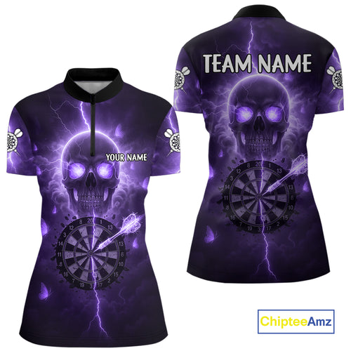 Custom Purple Skull Butterflies Lightning Dartboard Women Darts Quarter-Zip Shirt, Dart Jerseys NYN1844