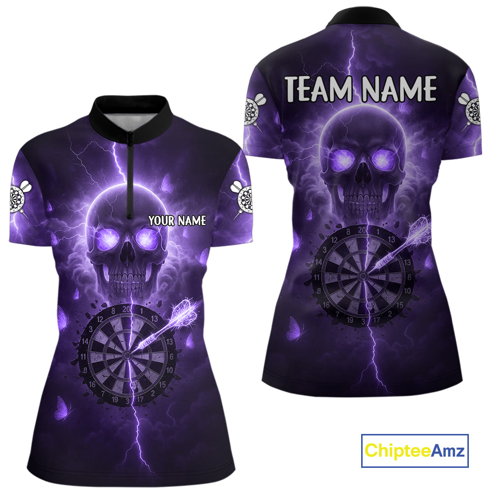 Custom Purple Skull Butterflies Lightning Dartboard Women Darts Quarter-Zip Shirt, Dart Jerseys NYN1844