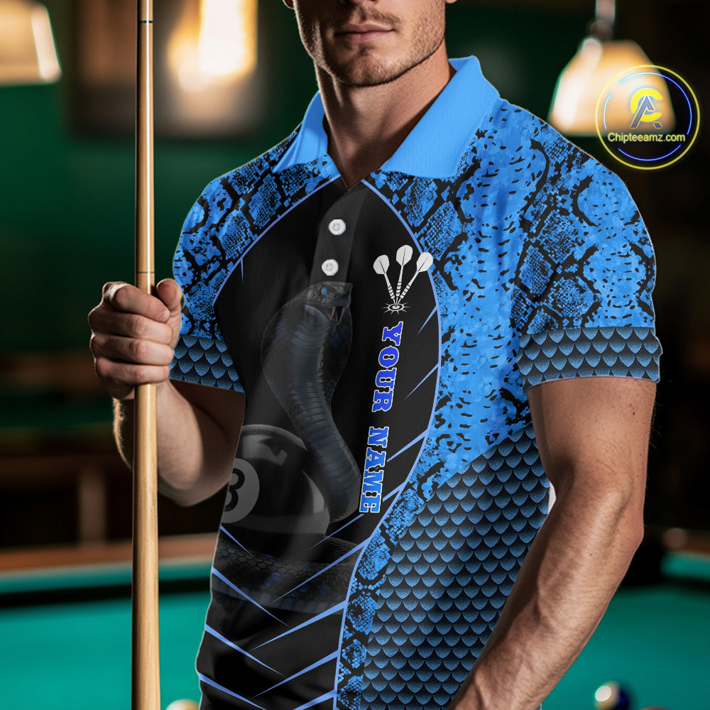 Personalized Cobra Snake Men Billiard Team Shirt Blue 8 Ball Billiard Polo & 1/4 Zip Attire NYN2365