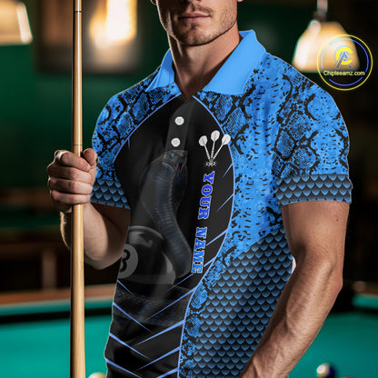 Personalized Cobra Snake Men Billiard Team Shirt Blue 8 Ball Billiard Polo & 1/4 Zip Attire NYN2365
