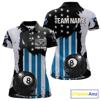Patriotic Grunge Blue 8 Ball Women Billiard Polo & 1/4 Zip Shirt Custom Pool Billiard Jerseys NYN2358