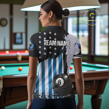 Patriotic Grunge Blue 8 Ball Women Billiard Polo & 1/4 Zip Shirt Custom Pool Billiard Jerseys NYN2358