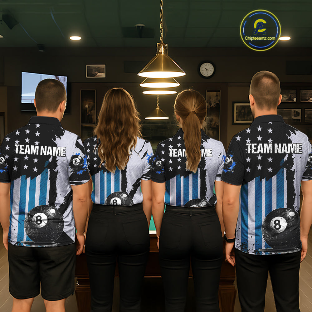 Patriotic Grunge Blue 8 Ball Women Billiard Polo & 1/4 Zip Shirt Custom Pool Billiard Jerseys NYN2358