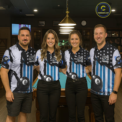 Patriotic Grunge Blue 8 Ball Women Billiard Polo & 1/4 Zip Shirt Custom Pool Billiard Jerseys NYN2358